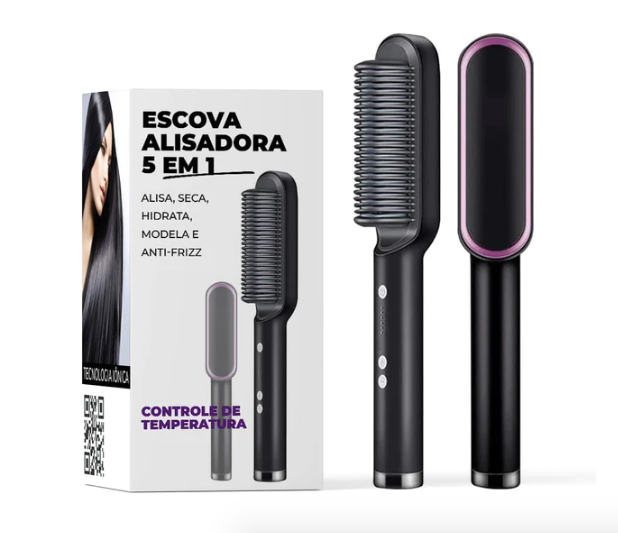 Escova Alisadora 5 em 1 Alisa, Seca, Hidrata, Modela e Anti-Frizz - BIVOLT (110v/220v)